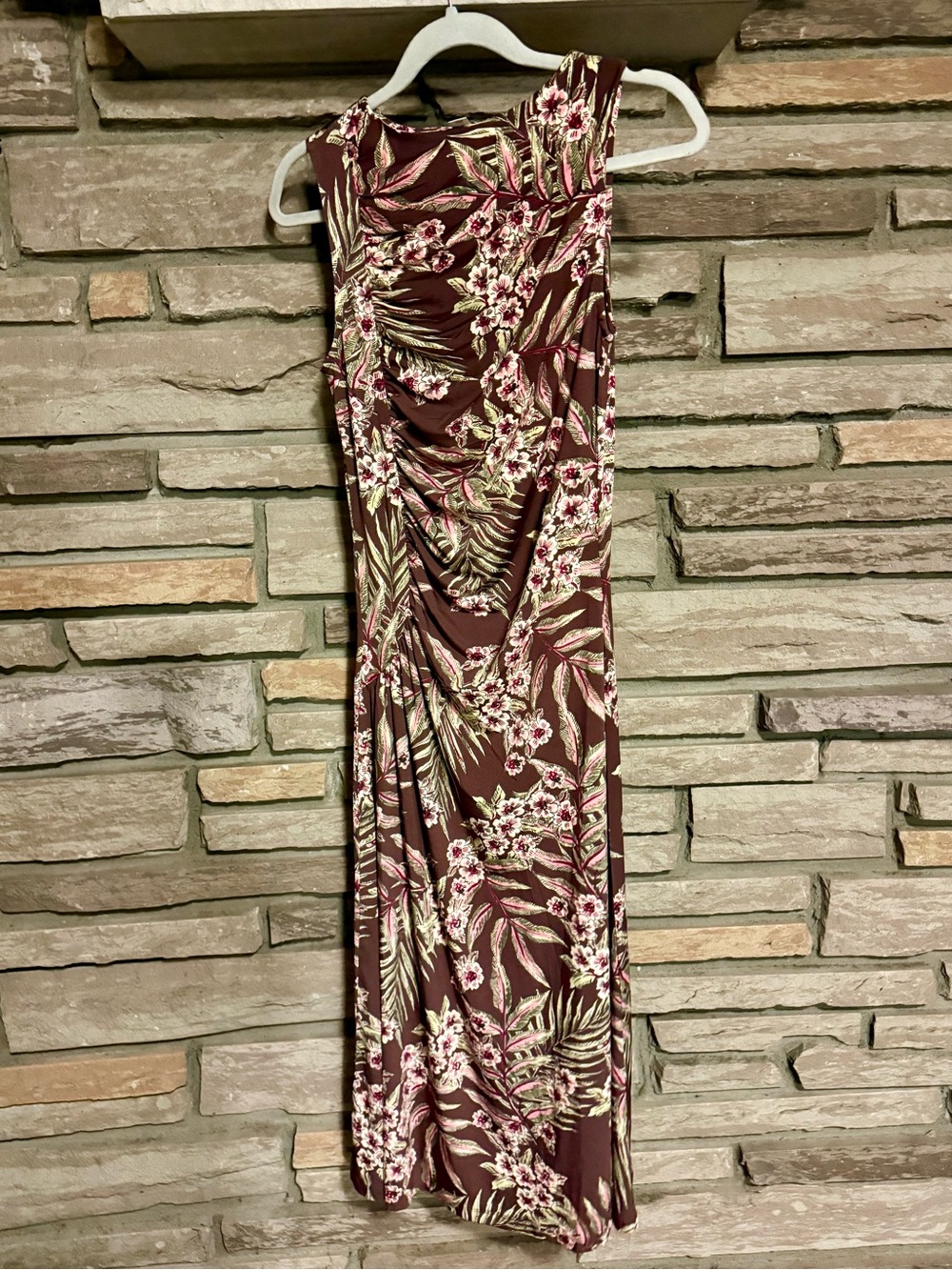 Floral Ruched brown multi colour dress.